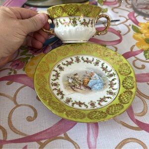 Vintage Green and Gold Porcelain Tea Cup and Saucer Set